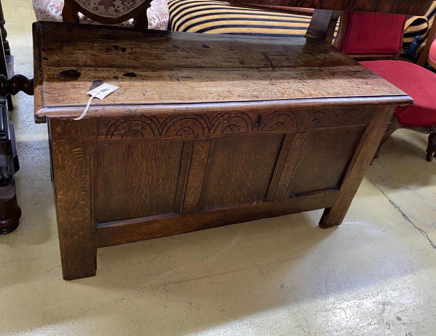 A small 18th century panelled oak coffer, width 97cm, depth 48cm, height 53cm